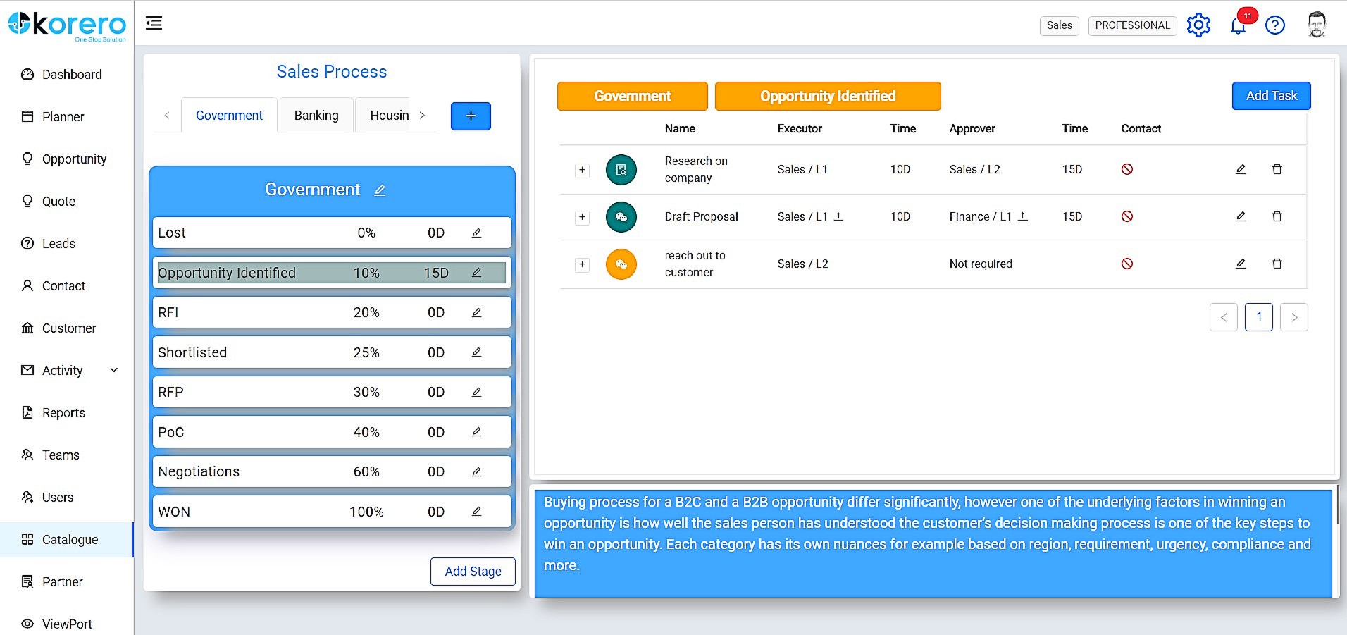 Korero presents a single view of your sales funnel
analytics by summing up the weighted values of all the
opportunities, weighted funnel is calculated by multiplying
the proposal value with the weightage of each associated stage.